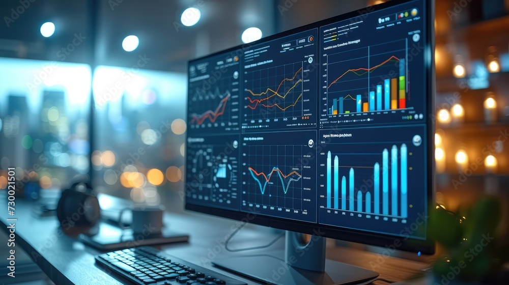 Fototapete Intelligence and business analytics with key performance indicators, Professional key performance indicator metrics dashboard for sales and business results evaluation. Generative AI.