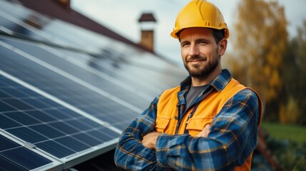 A confident electrician in safety gear, standing in front of house on which are photovoltaic solar panels. Generative AI.