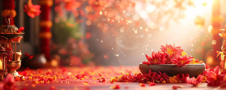 Marigold flowers in traditional Indian pot kalash on orange background with copy space. Hindu Puja. Festival Vishu celebration. Greeting card or banner for holiday Ugadi or Gudi Padwa Hindu New Year