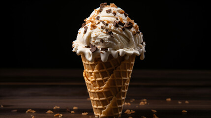 Vanilla chocolate chip ice cream scoop in waffle