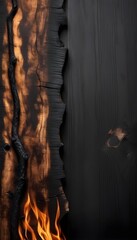 Burned wood background with a broad banner of blackened, charred wood. A dark burnt and scorched woodgrain abstract motif. Idea of firewood, wallpaper, flames, charcoal, grill, and tree.