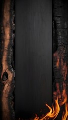 Burned wood background with a broad banner of blackened, charred wood. A dark burnt and scorched woodgrain abstract motif. Idea of firewood, wallpaper, flames, charcoal, grill, and tree. - obrazy, fototapety, plakaty