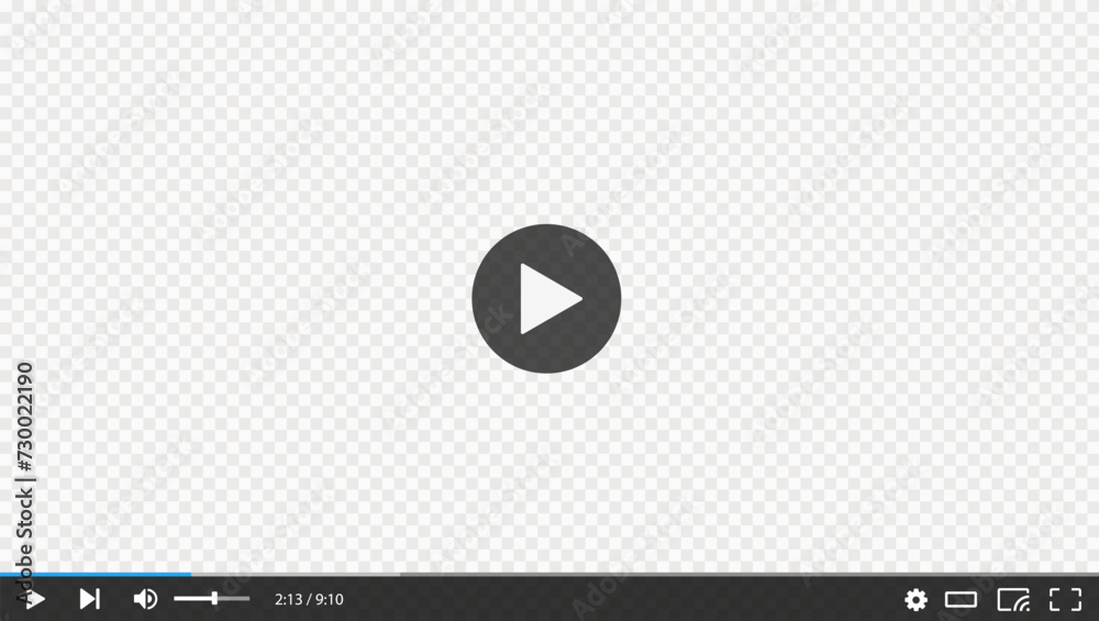 Poster Video player transparent screen, vector interface template. Skin ui design with play button, menu bar and slider, sound and settings signs. Digital multimedia online content and movie playing control