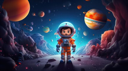 Naklejka premium Illustration of an astronaut in space, children's costume astronaut suit and helmet, the theme of knowledge and education. White background illustration.