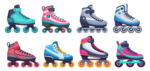 Set of modern design roller skates. Cartoon vector illustration of wheels kid sport shoes. Collection of sport inline skates isolated on white background. Skating rollers for sports adrenaline games.