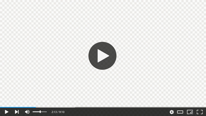 Video player transparent screen, vector interface template. Skin ui design with play button, menu bar and slider, sound and settings signs. Digital multimedia online content and movie playing control