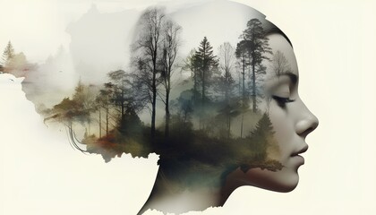 Double exposure of a woman's head with moody forest and watercolours. Melancholic view