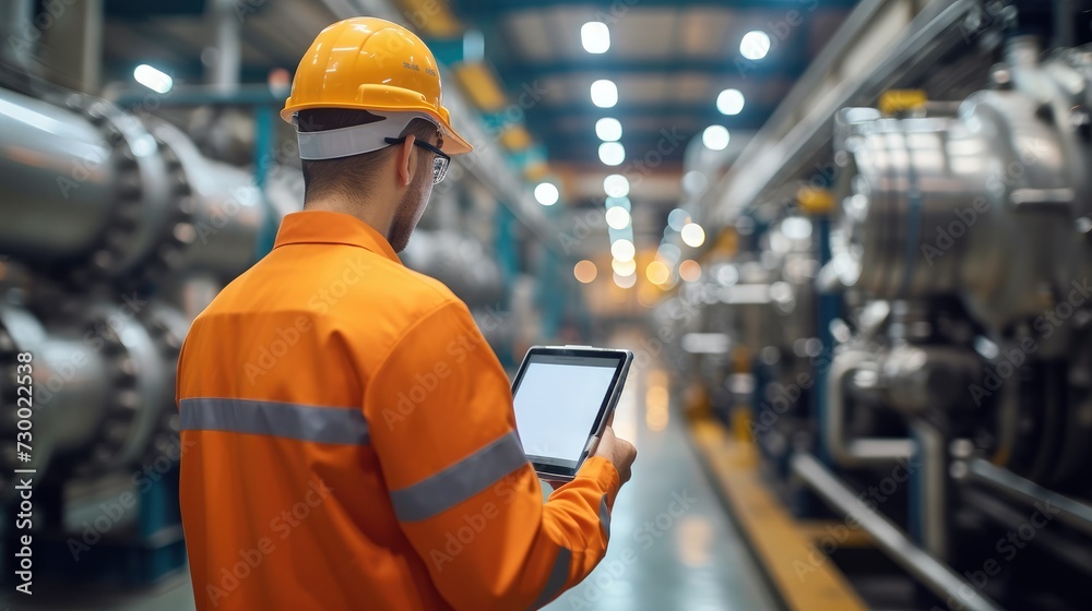 Poster engineer control robotics automatic with digital tablet, industrial gas turbines machine in factory,
