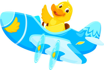 Baby animal character on plane. Cartoon animal duck kid airplane pilot. Isolated vector adorable aviator bird joyfully flying, brings cuteness to the skies with feathered charm and airborne adventures
