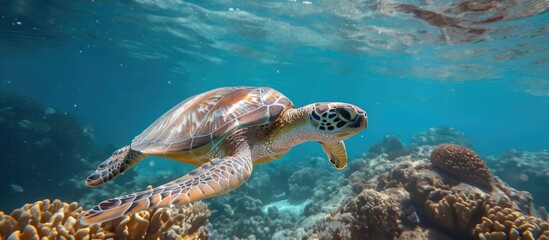 Obraz premium Egypt's red sea hosts a small green sea turtle swimming.