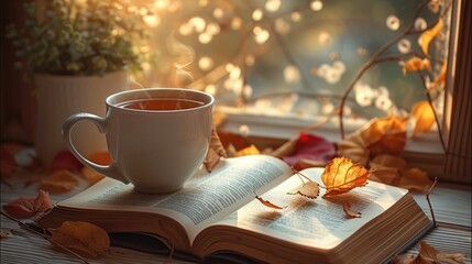 Under the warm and gentle light, an open book was placed next to a cup of fragrant hot tea. Generative AI. - obrazy, fototapety, plakaty