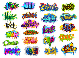 Graffiti street art, urban style wall writings and grunge text tags set. Vector graffiti cool, wow, boo, yeah and love slogans with paint drips, blots and splatters, arrows, stars and smile emoticons