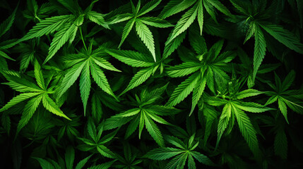 Top view of cannabis sativa branches with leaves patchwork. Medical marijuana concept background. Generative AI