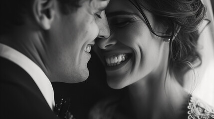 Fototapeta premium A radiant bride and groom, bathed in love's warm glow, share a kiss, their future stretching before them like the endless