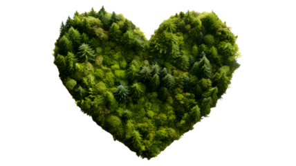 Heart shape made of grass and green trees, ecosystem, clean energy, environment, green grass heart shape isolated on transparent background