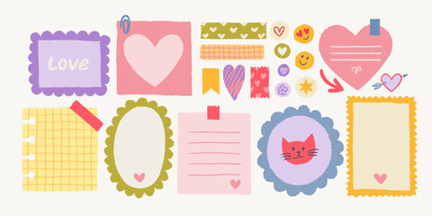 Paper valentine memo notes on stickers. Vector vintage sticky notes and pages with torn edges