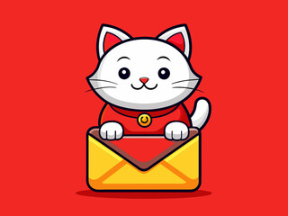 Charming Chibi Cat Logo on a Red Lucky Background