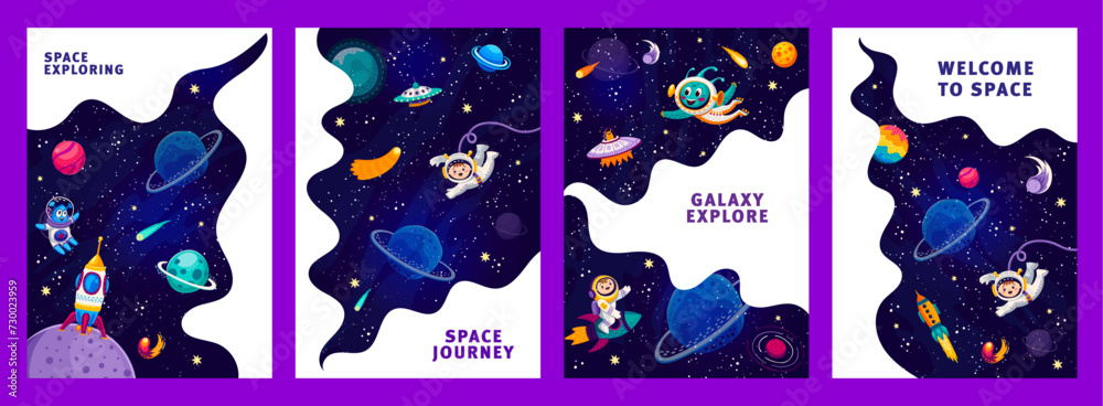 Poster cartoon alien and astronauts, spaceship and rockets in starry galaxy space, vector posters. kid spac
