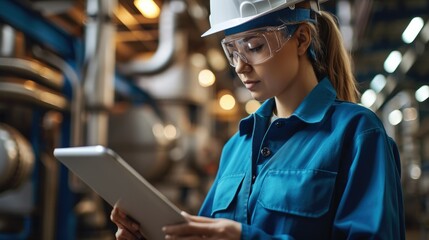 A female engineer with a tablet to program pressure instrument wearing blue working clothes and a white helmet. Generative AI.
