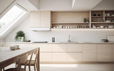 Fototapeta na wymiar Modern kitchen, interior design, minimalistic scandinavian look. Natural wooden and white materials. Minimalistic sunny photo. AI Generative