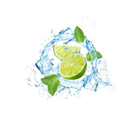 Mojito drink, lime fruit with water splash, ice cubes and mint leaves, realistic vector. Mojito drink or citrus soda water with lime fruits, mint leaf and ice cubes explosion in splashing water swirl