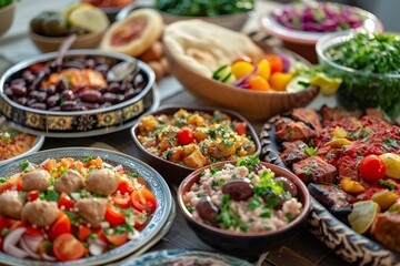 Fototapeta na wymiar Iftar Feast in Ramadan Showcasing a Variety of Delicacies. Ramadan Mubarak