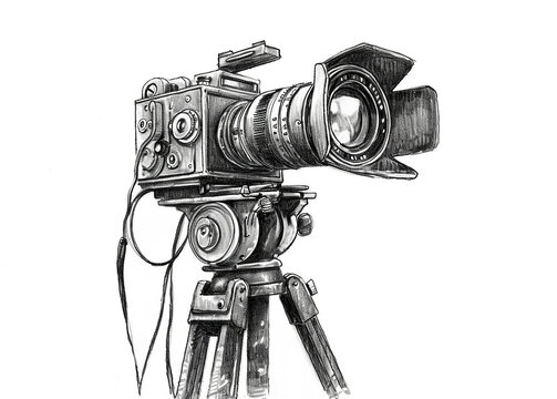 Movie film camera sketch isolated on white