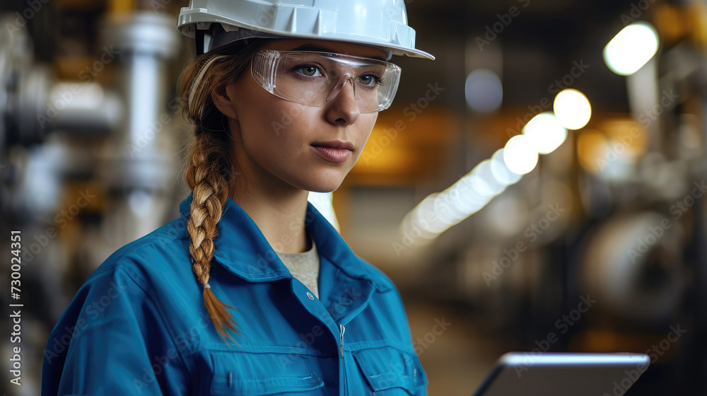 Aufkleber A female engineer with a tablet to program pressure instrument wearing blue working clothes and a white helmet. Generative AI.