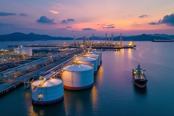 Aerial top view storage tank farm at night, oil terminal storage tank