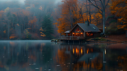 Fototapeta premium A calm lakeside retreat, with still waters reflecting the surrounding trees as the background, during a peaceful autumn evening
