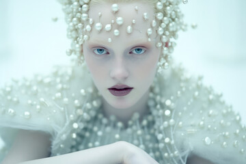 Snow Princess: A Young White Caucasian Woman with Blue Fantasy Makeup and Glamorous Hairstyle, Posing in a Winter Studio Set with Ice and Snow Background