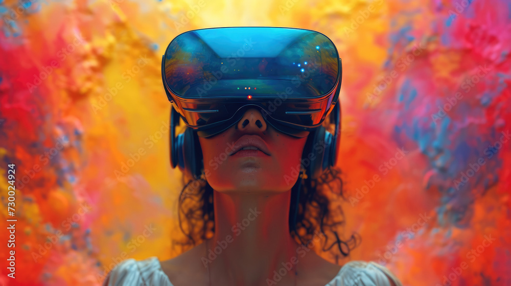 Poster a woman immersed in a virtual reality world painted in the bold colors, the vibrant environment puls