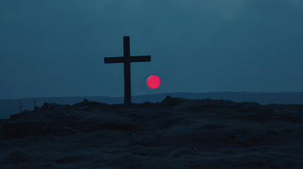 Solitary Cross Silhouette Against Twilight Sky with Crimson Sun