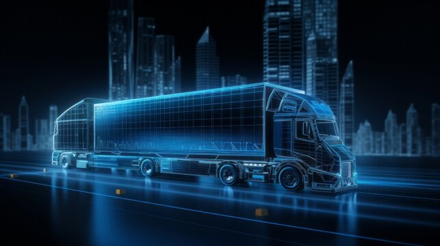 Futuristic truck and trailer on wireframe intersection: digital illustration of futuristic transport concept