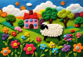 Felt art picture of a flock of sheep on meadow with multi-colored flowers, houses, trees, hills, sky, clouds.