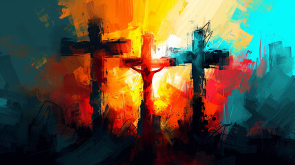 Striking depiction of three crosses, symbolizing Easter Sunday, with bold brush strokes and fiery palette.