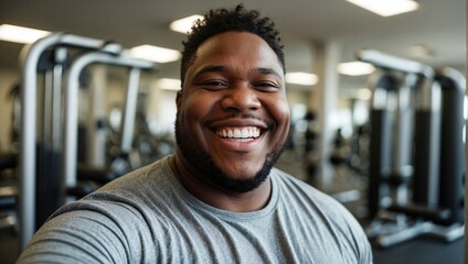 Close-up selfie of a young overweight black man with short curly hair and a radiant smile, wearing a grey t-shirt in a well-equipped gym.
