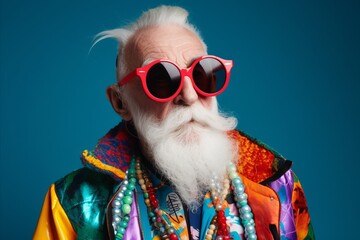 Portrait of senior man with long white beard and hair in colorful jacket and sunglasses on blue background