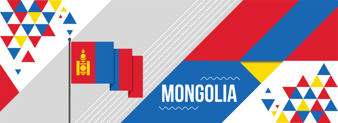 Mongolia national or independence day banner design for country celebration. Flag of Mongolia modern retro design abstract geometric icons. Vector illustration
