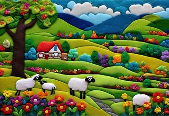 Obraz na płótnie Canvas Felt art picture of a flock of sheep on meadow with multi-colored flowers, houses, trees, hills, sky, clouds.