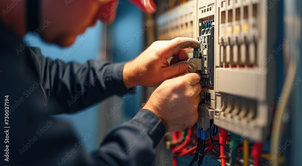 Aufkleber the electrician is repairing a faulty circuit breaker in a home. generative ai.