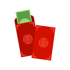 Chinese angpao vector illustration. Traditional red envelope with coins, money for Chinese New Year, birthday, wedding and other holidays. Flat illustration.
