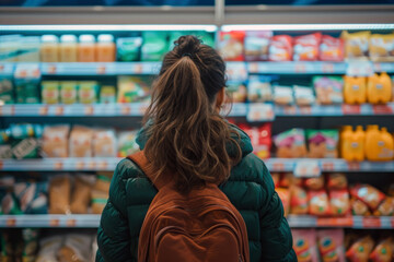 A man stands in a supermarket looking at the goods on the shelves - obrazy, fototapety, plakaty