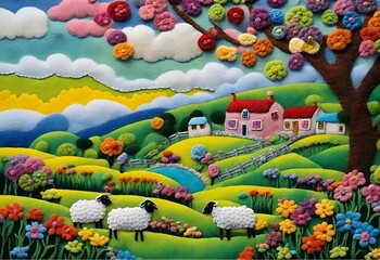Obraz na płótnie Canvas Felt art picture of a flock of sheep on meadow with multi-colored flowers, houses, trees, hills, sky, clouds.
