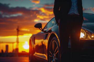 A man stands next to a car against the backdrop of a sunset. Businessman dressed in a dark suit with a white shirt stands next to a luxury car