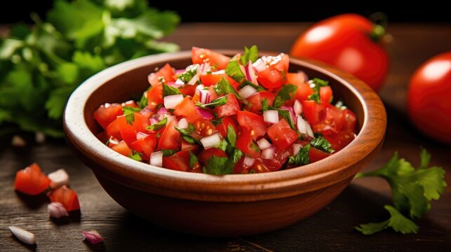 Plate of tasty Pico de Gallo salsa on dark background