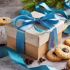 christmas cookies and gifts, A gift box with a blue ribbon and some cookies, Ai Generate 