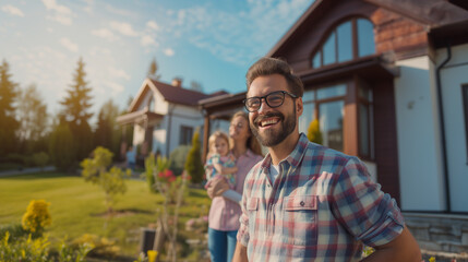 Fototapeta premium Father in the yard of a new home, family in the background.