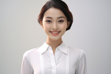 Charming Asian Employee, In a striking portrait, a young Asian businesswoman emanates elegance and professionalism against a simple white background. Generative AI.