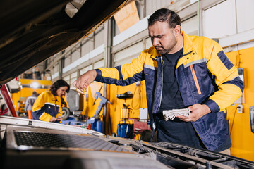 Garage auto mechanic worker working check engine oil level stick in car service center employee...